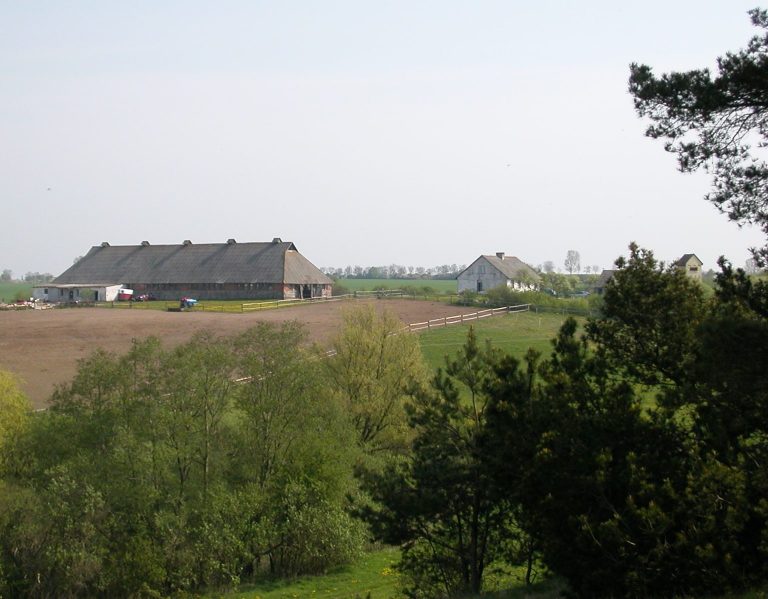 Blick über die Koppel und das Reiterhofgelände zum Reitstall und Gästehaus